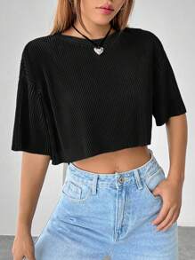 SHEIN EZwear Solid Drop Shoulder Crop Tee - Black - View 1