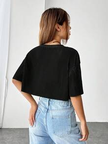 SHEIN EZwear Solid Drop Shoulder Crop Tee - Black - View 2