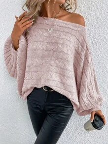 SHEIN Essnce Boat Neck Batwing Sleeve Cable Knit Sweater - Pink - View 3