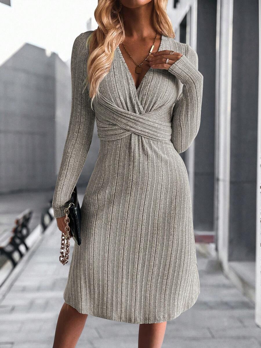 SHEIN Clasi Vestido unicolor con tira cruzada delantera tejido de canalé - Caqui - Ver 1