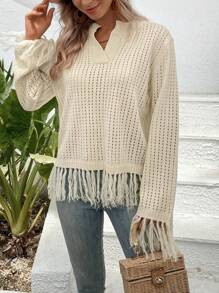SHEIN VCAY Fringe Trim Drop Shoulder Pointelle Knit Sweater - Apricot - View 4