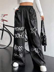 StreetHx Star & Letter Graphic Drawstring Hem Wide Leg Pants Fall Cloth For Women - Black - View 1