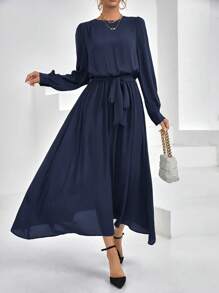 SHEIN Privé Solid Belted A-line Dress - Navy Blue - View 1