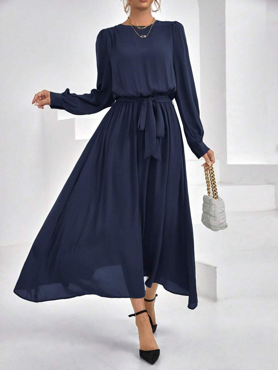 SHEIN Privé Solid Belted A-line Dress - Navy Blue - View 1