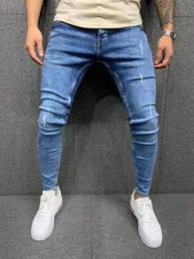 Manfinity Homme Jeans strappati monocolore da uomo, jeans slim fit in lavaggio blu scuro reale lavorato, jeans da carico lavato, adatti come regalo per marito o fidanzato