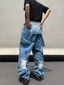 Manfinity Pantalones De Mezclilla Anchos De Pierna Ancha Para Hombre Rasgados Y Desgastados Con Patrón Cruzado Y Tamaño Grande - Lavado ligero - Ver 2