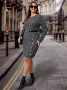 SHEIN Clasi Hơn Chi tiết Nút Đồ đan Ribbed Váy bodycon Không có thắt lưng - Màu xám đen - Xem 4