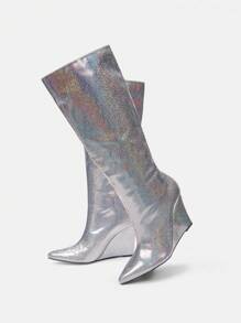 CUCCOO SZL Glitter Platform Heel Long Boots - Silver - View 6