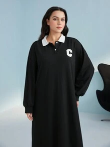 Mulvari Hơn Đồ họa Chữ cái Cổ áo tương phản Thả vai Cổ Polo Đầm - Màu Đỏ Sâu - Xem 5