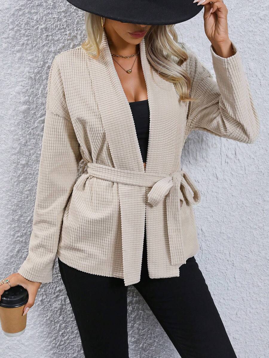 Chiquease Solid Belted Open Front Coat Fall Cloth For Women - Apricot - View 1