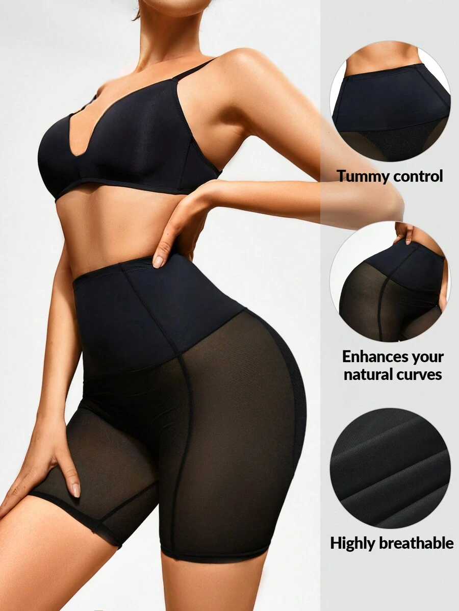 SHAPORA Shorts de fajas unicolor de cintura ancha - Negro - Ver 1