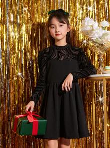 SHEIN 女大童網紗拼接肩部喇叭下擺洋裝 - 黑色 - 查看 4