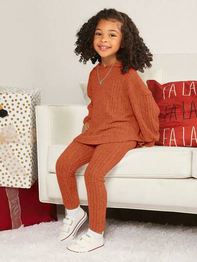 SHEIN Young Girl Solid Drop Shoulder Hooded Tee & Leggings