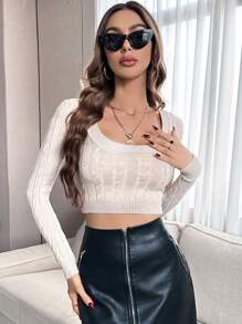 SHEIN Essnce 大圓領麻花編織短款毛衣 - 杏色 - 查看 3