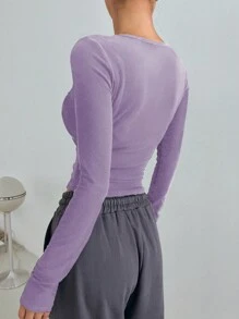 DAZY 纯色短款 T 恤，秋季服装长袖女式上衣 - 紫丁香色 - 查看 2