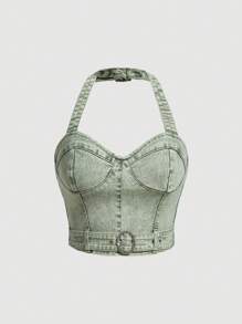 SHEIN MOD Buckle Belted Halter Denim Top - Green - View 1