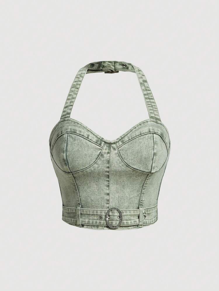 Buckle Belted Halter Denim Top