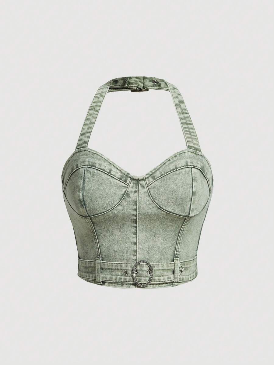 SHEIN MOD Buckle Belted Halter Denim Top - Green - View 1