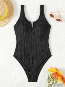 少女純色紋理連身泳衣 - 黑色 - 查看 1