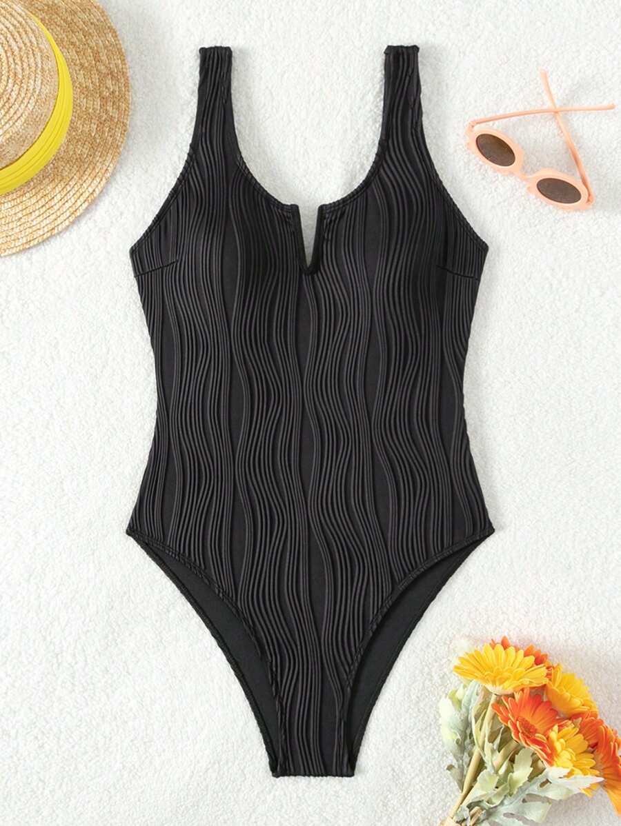 少女純色紋理連身泳衣 - 黑色 - 查看 1