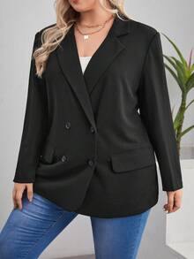 SHEIN Frenchy 大碼西裝領雙排釦西裝外套 - 黑色 - 查看 5
