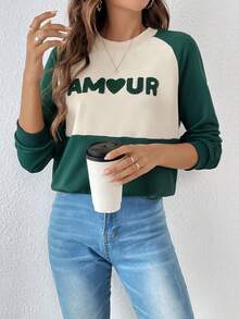 SHEIN Frenchy Lá thư Đổ xô Khối màu Tay Raglan Áo nỉ - Nhiều màu - Xem 3