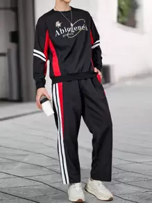 Manfinity Homme Men Letter Graphic Contrast Tape Sweatshirt & Pants - Multicolor - View 4