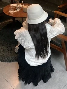 Solid Ruffle Trim Statement Collar Fuzzy Blouse,Long Sleeve Tops