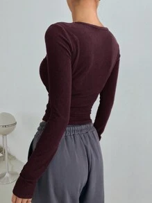 DAZY Solid Crop Tee,Fall Clothes Long Sleeve Women Tops - Burgundy - View 2