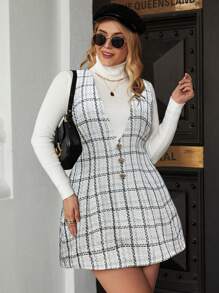 Flirla Hơn Hoa văn kẻ sọc Nút phía trước Tweed Đầm Không có áo len - trắng - Xem 3