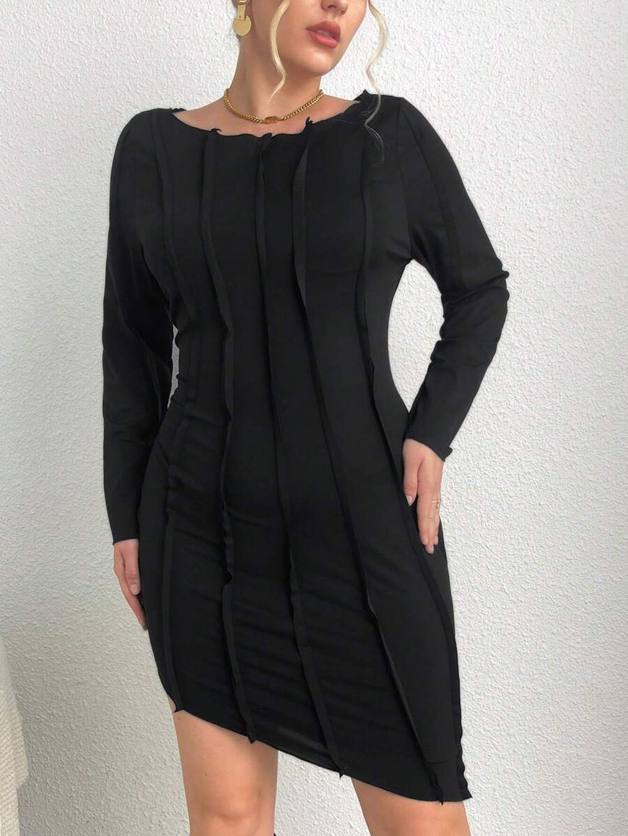 SHEIN Essnce 大碼接縫細節緊身洋裝 - 黑色 - 查看 1