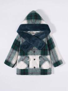 SHEIN Young Boy Plaid Double Breasted Overcoat & Scarf,In Fall/Winter