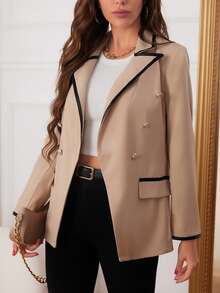 SHEIN Clasi Tương phản ràng buộc Đôi ngực Chi tiết về Flap Áo vest - Màu be - Xem 5