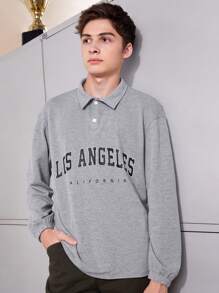 SHEIN 青少年男孩字母圖案POLO衫 - 灰色 - 查看 3