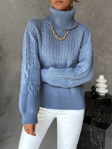 SHEIN Essnce Turtleneck Cable Knit Drop Shoulder Sweater - Blue - View 5
