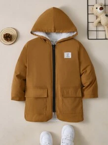 SHEIN 男小童字母補丁細節毛絨內襯連帽外套