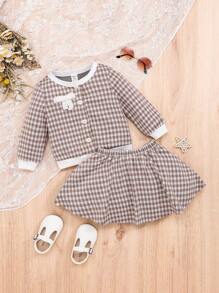 SHEIN 女嬰格子圖案前蝴蝶結夾克&半身裙 - 卡其色 - 查看 1