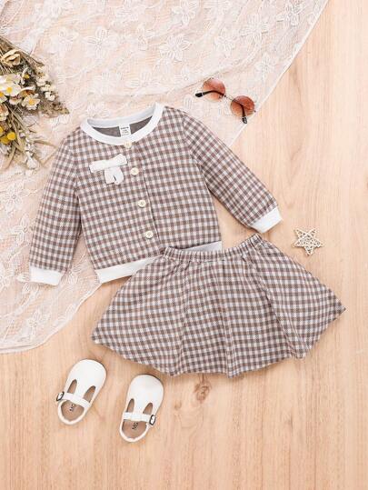 SHEIN 女嬰格子圖案前蝴蝶結夾克&半身裙