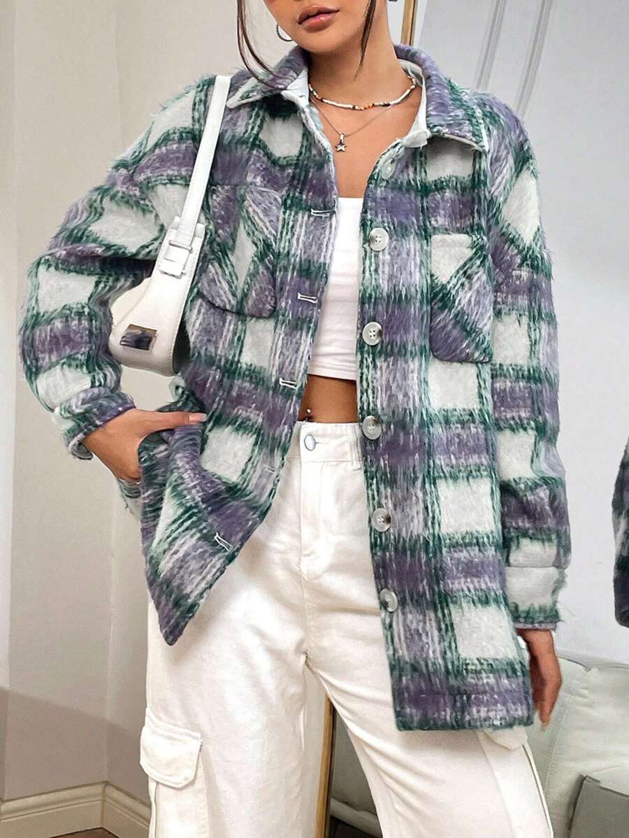 SHEIN Unity Plaid Print Drop Shoulder Overcoat Fall Cloth For Women - Multicolor - View 1