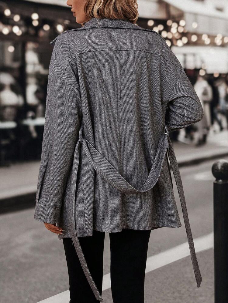 Lapel Neck Drop Shoulder Belted Overcoat