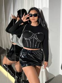 SHEIN ICON 大碼水鑽細節短款T恤 - 黑色 - 查看 5
