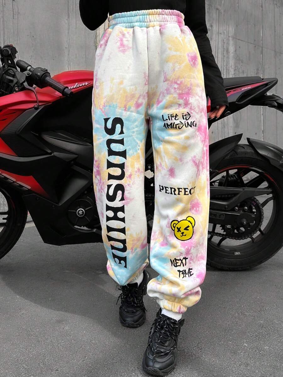 EURMUSE Tie Dye Slogan Graphic Elastic Waist Sweatpants - Multicolor - View 1