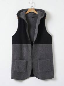 SHEIN LUNE Plus Colorblock Dual Pocket Hooded Teddy Vest Coat - Multicolor - View 1