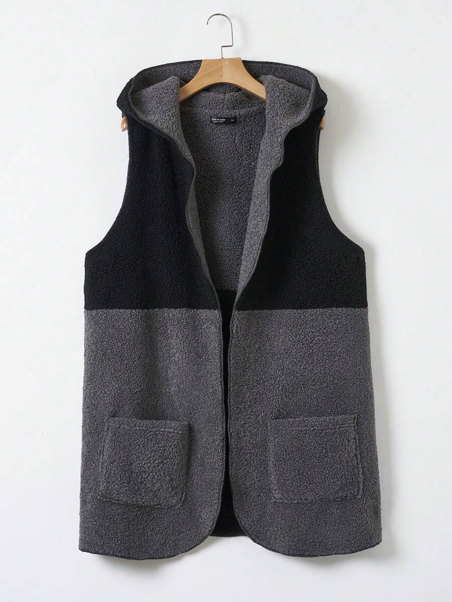 SHEIN LUNE Plus Colorblock Dual Pocket Hooded Teddy Vest Coat - Multicolor - View 1