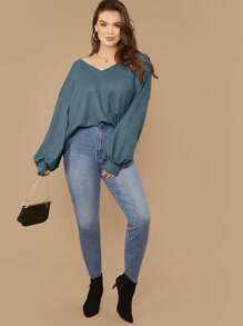 SHEIN LUNE Plus Drop Shoulder Lantern Sleeve Waffle Knit Tee - Dusty Blue - View 3