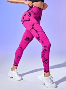 SHEIN Yoga Trendy 紮染寬腰帶運動打底褲 - 彩色 - 查看 4