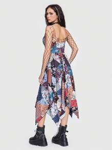 ROMWE Fairycore Patchwork Print Hanky Hem Cami Dress - Multicolor - View 4