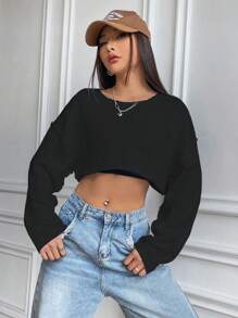 SHEIN Unity Áo len crop tay dài vai rớt, áo len dệt kim mùa thu đông. - màu đen - Xem 7