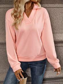 SHEIN LUNE Chất rắn Thả vai Áo nỉ - Hồng - Xem 5