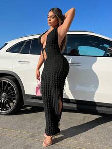 SHEIN SXY Vestido con abertura de espalda abierta con cordón de cuello halter - Negro - Ver 4